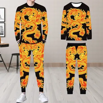 Мъжки костюм с дълги ръкави и принтом животно е тигър, ежедневни свободна модна тениска с дълги ръкави и принтом на златния дракон с 3D принтом + панталони, комплект от 2 теми