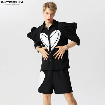 Мъжки Модни Комплекти в Американски Стил, Ризи с къси ръкави, къси Панталони, Мъжки Романтични Комплекти от две части с Пузырчатым ръкав, S-5XL, INCERUN 2023