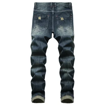 Мъжки тъмно сини дънки, есенно-зимни памучни дънкови панталони, реколта издържат на ежедневните панталони пълна дължина с окъсани дупки в стил хип-хоп