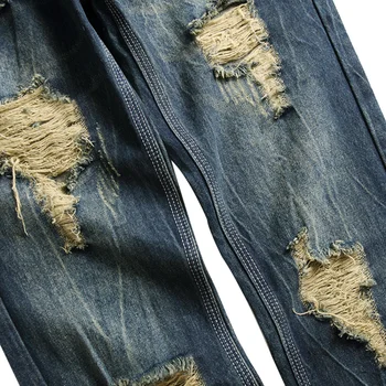 Мъжки тъмно сини дънки, есенно-зимни памучни дънкови панталони, реколта издържат на ежедневните панталони пълна дължина с окъсани дупки в стил хип-хоп