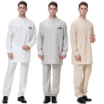 Мюсюлмански мъжки комплект Арабски Близък Изток Рамадан мъжки халат за баня Комплект дрехи от две части Джубба Тоби Мюсюлманска мода Дубай Турция мъжки панталони и Комплекти