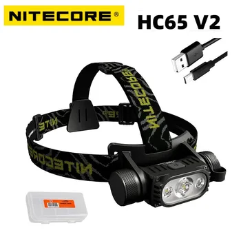 Налобный фенер Nitecore HC65 V2, 1750 Лумена, която се презарежда чрез USB-C, с бели, високи и CRI червени светодиода, за нощуване на открито, с батерия 3500 mah