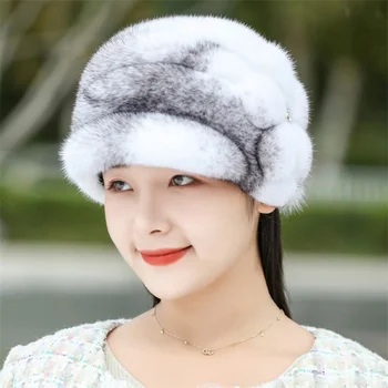 Нова зимни дамски руската топло норковая шапка с цветя модел, луксозен кожа, модни голяма еластична, мека удебелена топла кожа шапка от естествена норка