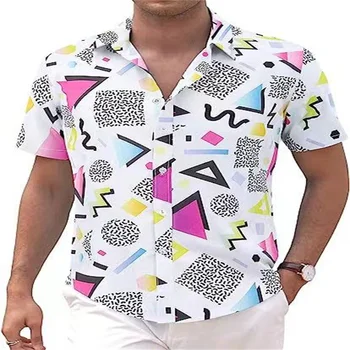 Нова мъжка риза с геометричен модел 3D, хавайска риза с къси ръкави и ревера, плажни дрехи в стила на рок оверсайз