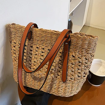 Новата модерна чанта, изработена от слама, платове за жените летни дамски чанти, чанта през рамо, прости чанти за пазаруване, ежедневни плажната чанта за отдих
