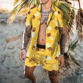 Нови модни мъжки комплекти с къс ръкав Хавайска риза и къси панталони Годишна ежедневна риза с принтом Плажен костюм от две части на Облекло потници