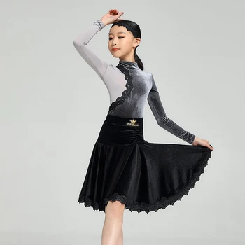 Ново бархатное рокля за латино танци рокля за състезания по бални танци за момичета, детски танцов за танго Чача салса SL7851