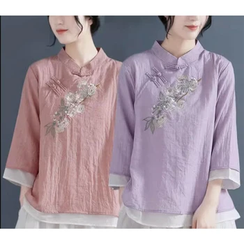 Облекло в китайски стил, дамски фалшива риза Ципао Чонсам от две части, дамски памучен бельо блуза, топ с бродерия на ръкава-маншет, вечерни