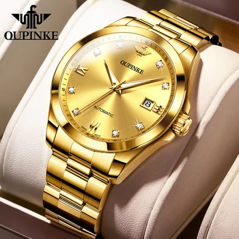 Оригинални автоматични механични часовници OUPINKE за мъже, луксозни мъжки ръчен часовник със сапфир стъкло и истински диамантен пръстен, бизнес златни часовници