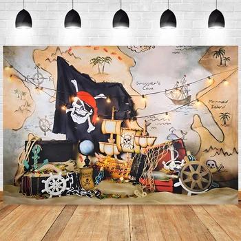 Пиратски кораб Снимка фон Момче честит рожден Ден Съкровище Приключение Карта на света Украса Пътуване Снимка Фон банер