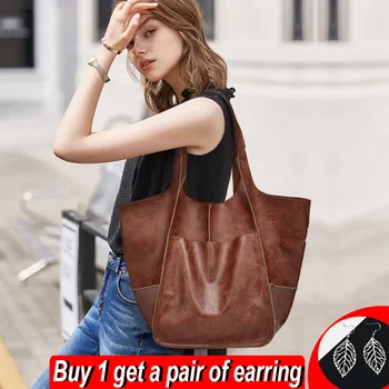 Реколта чанта-тоут от мека кожа, по-голямата голям чанта през рамо, с висококачествена чанта, ежедневна чанта, чанта за пазаруване, голяма чанта