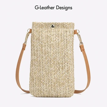 Сламена чанта през рамо за мобилен телефон, лятна плажна дамска чанта от ратан впечатлява със своя бохемски стил, малка чанта за монети, дамска чанта на рамото