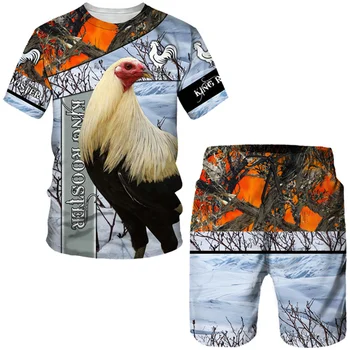 Стръмен Камуфляжный Мъжки комплект King Rooster за лов, Лятна Ежедневни тениска с кръгло деколте, Градинска облекло в стил Хип-Хоп, Спортни дрехи с 3D принтом, Комплект от две части