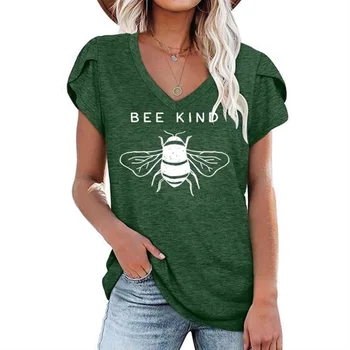Тениска с писмото принтом Bee Kind, дамски Лятна тениска с графичен V-образно деколте Дамски Козметична риза 2021, Модерен Свободен топ в стил Харадзюку