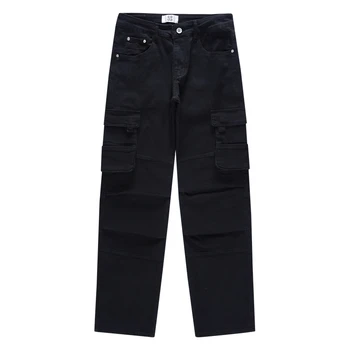 Тъмно-черни универсални дънки с много джобове в американски стил, свободни мъжки прави дънки