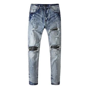 Улични модерни мъжки дънки, висококачествени еластични скъсани дънки, мъжки стрейчевые стегнати панталони, маркови дизайнерски панталон в стил хип-хоп