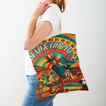 Чанта за покупки на рок-групата Grateful Dead, дамски чанти, за пазаруване, холщовая чанта с двоен принтом, дамски пътна чанта с черепа, женствена чанта за пътуване