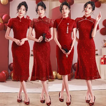 Червен Чонсам, дрехи за наздравици, булката 2023, нова рокля за годеж, женски лятото китайското сватбена дантелено традиционната рокля ципао