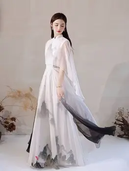 Шифоновое винтажное рокля с шарени туш, подобрено рокля Hanfu в китайски стил, 2 бр., секси лятна рокля с принтом в съвременен стил, с големи размери 4XL